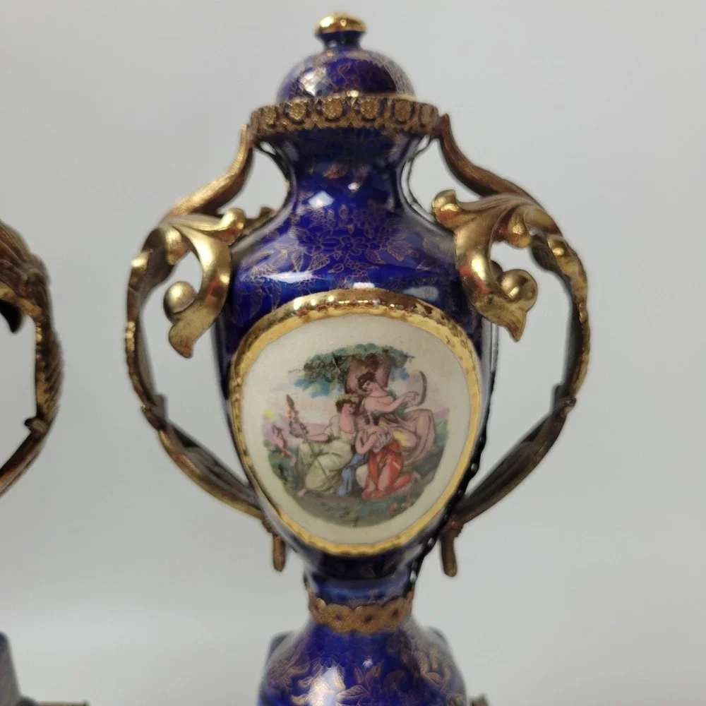 Empire Porcelain Cobalt Gold Gilded Urn Centerpiece 3pc Garniture Set England